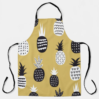 Black, white pineapples, yellow background apron