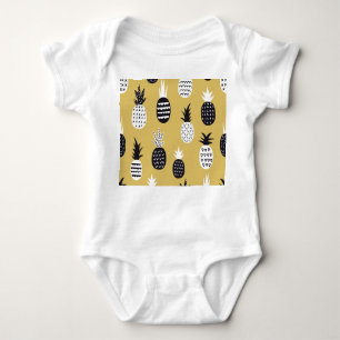 Black, white pineapples, yellow background baby bodysuit