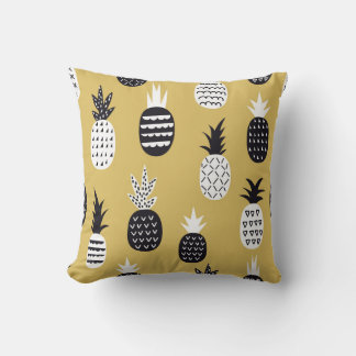 Black, white pineapples, yellow background cushion