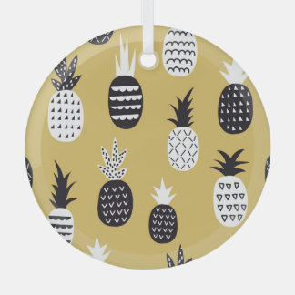Black, white pineapples, yellow background glass tree decoration