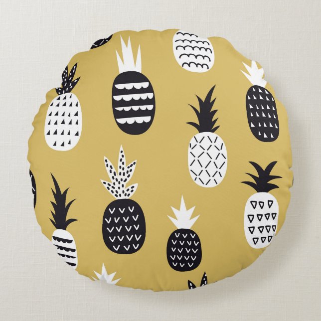 Black, white pineapples, yellow background round cushion (Front)