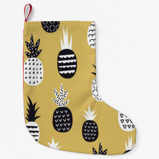 Black, white pineapples, yellow background small christmas stocking