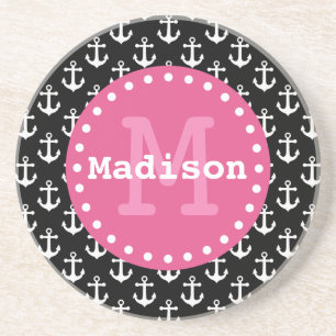 Black White Pink Anchor Pattern Monogram Coaster