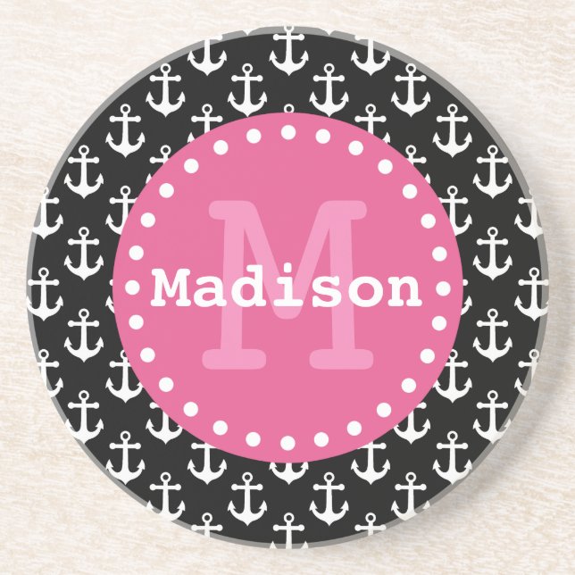 Black White Pink Anchor Pattern Monogram Coaster (Front)