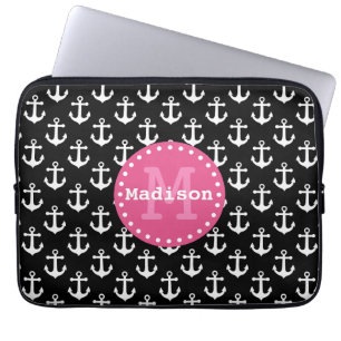 Black White Pink Anchor Pattern Monogram Laptop Sleeve