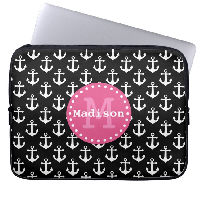 Black White Pink Anchor Pattern Monogram Laptop Sleeve (Front)