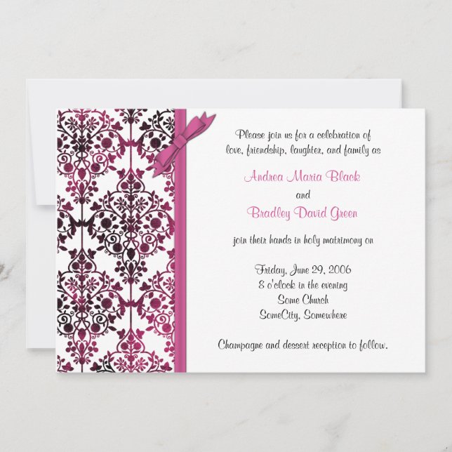 Black White Pink Damask Floral Wedding Invitation (Front)