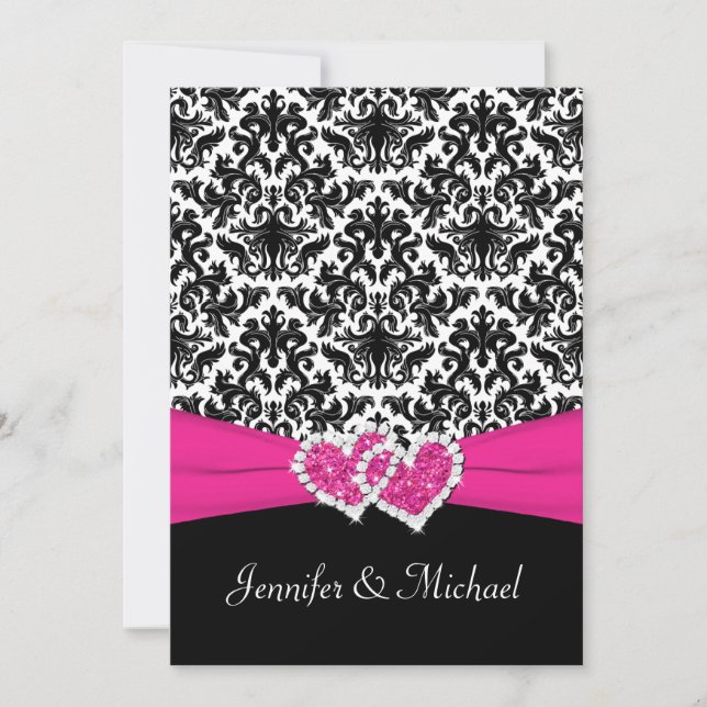 Black White Pink Damask Hearts Wedding Invitation (Front)