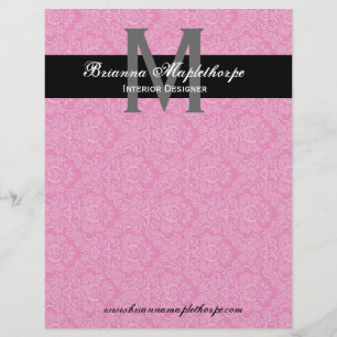 Black White Pink Damask Monogram Letterhead