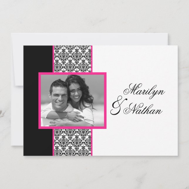 Black White Pink Damask Photo Wedding Invite (Front)