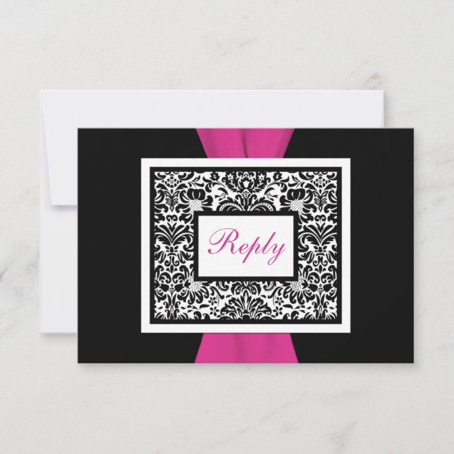 Black, White, Pink Damask PRINTED RIBBON RSVP (Front)