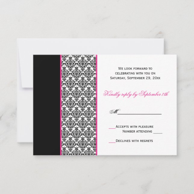 Black White Pink Damask RSVP Card (Front)