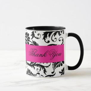 Black, White, Pink Damask Thank You Mug