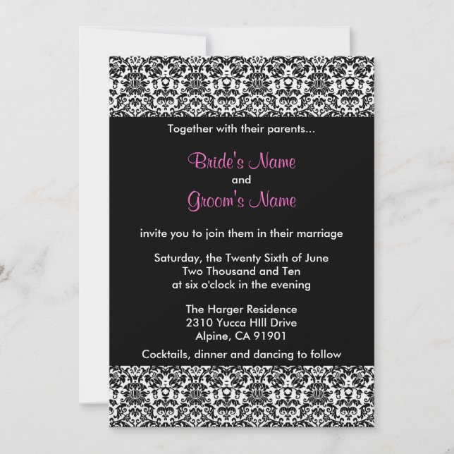 Black/White/Pink Damask Wedding Invitation (Front)