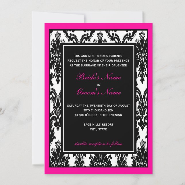 Black White Pink Damask Wedding Invitation (Front)