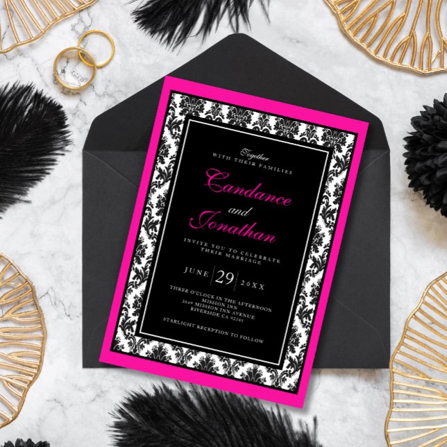 Black White Pink Damask Wedding Invitation (Creator Uploaded)