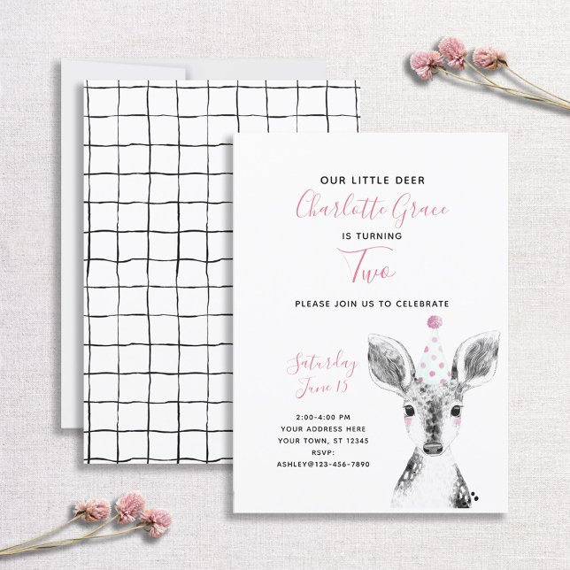 Black & White Pink Deer Girl 2nd Birthday Invitation (Creator Uploaded)