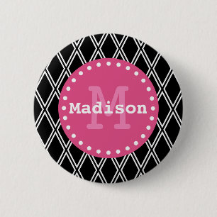 Black White Pink Diamond Pattern Monogram 6 Cm Round Badge
