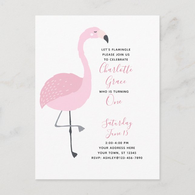Black White Pink Flamingo Girl 1st Birthday Party Invitation Postcard (Front)