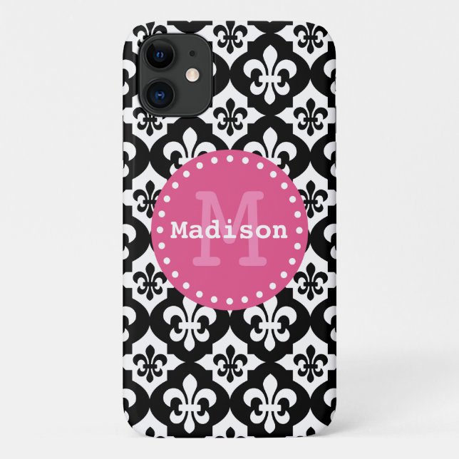 Black White Pink Fleur-De-Lis Pattern Monogram Case-Mate iPhone Case (Back)