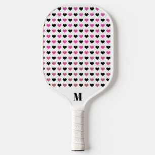 Black White Pink Hearts Pattern Modern Monogram Pickleball Paddle