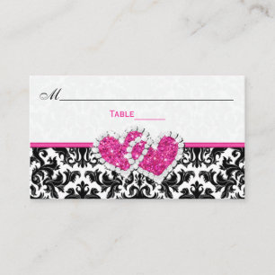 Black, White, Pink Joined Hearts Damask Place Card