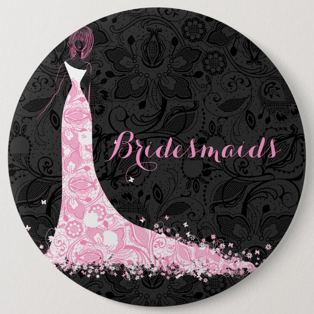 Black White & Pink Lace Wedding Dress Bridesmaids 6 Cm Round Badge (Front)