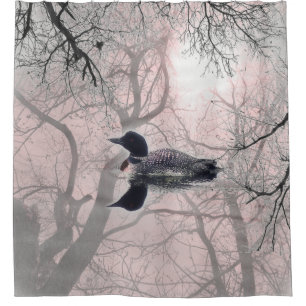 Black white pink loon on a lake Shower Curtain