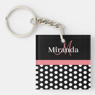 Black White Pink Monogram Polka Dot Keychain