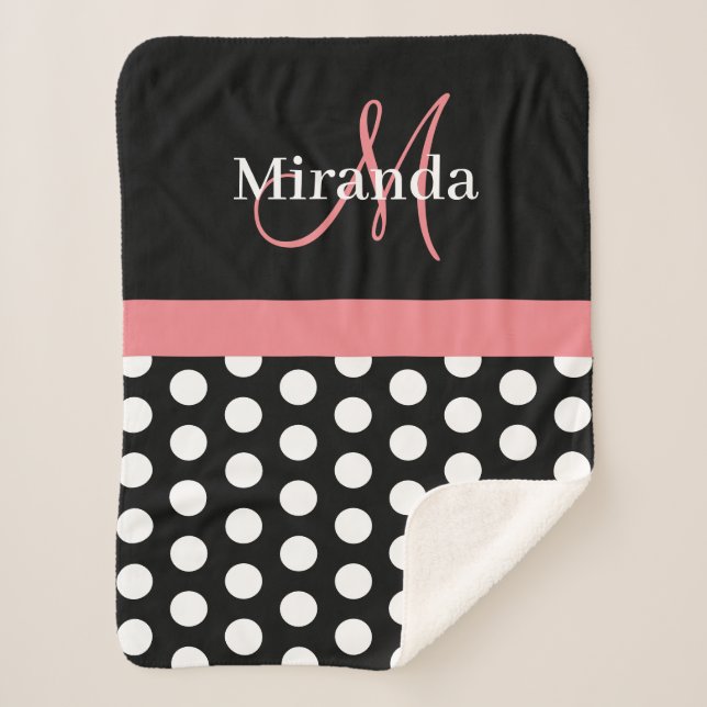 Black White Pink Monogram Polka Dot Sherpa Blanket (Front)