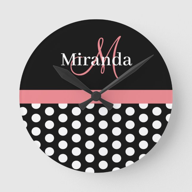 Black White Pink Monogram Polka Dot Watch Round Clock (Front)