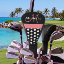 Black White Pink Monogram Script Polka Dot Golf He