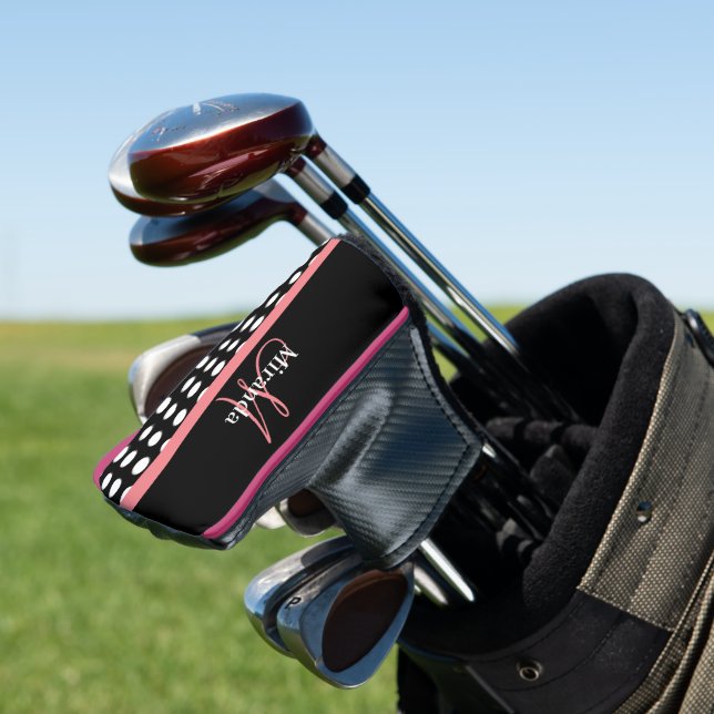Black White Pink Monogram Script Polka Dot Golf Head Cover (In Situ)