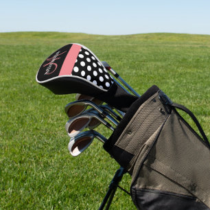 Black White Pink Monogram Script Polka Dot Golf Head Cover