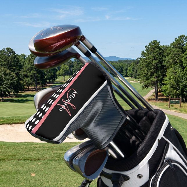 Black White Pink Monogram Script Polka Dot  Golf Head Cover (Creator Uploaded)