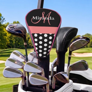 Black White Pink Monogram Script Polka Dot Golf Head Cover