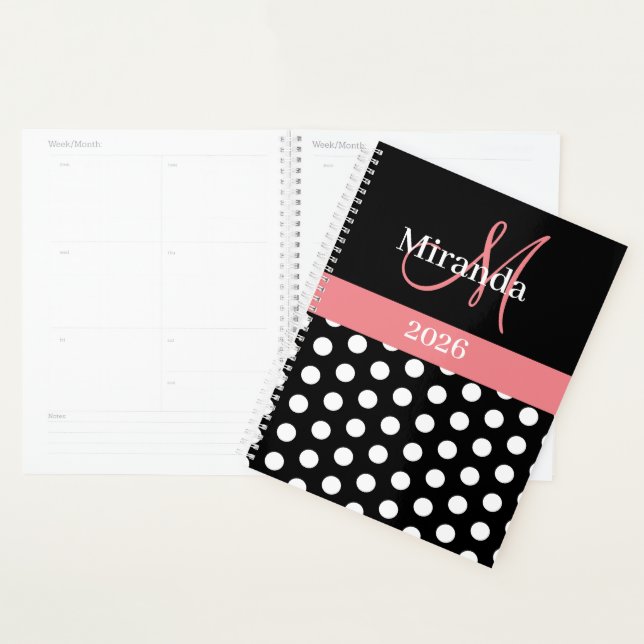 Black White Pink Monogram Script Polka Dot Planner (Display)