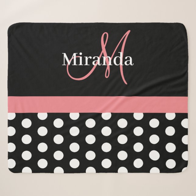 Black White Pink Monogram Script Polka Dot Sherpa Blanket (Front (Horizontal))