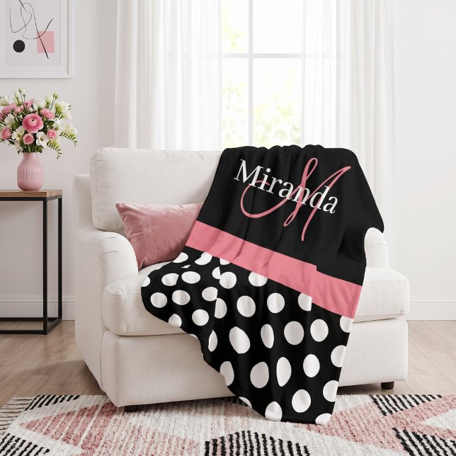 Black White Pink Monogram Script Polka Dot Sherpa Blanket (Creator Uploaded)