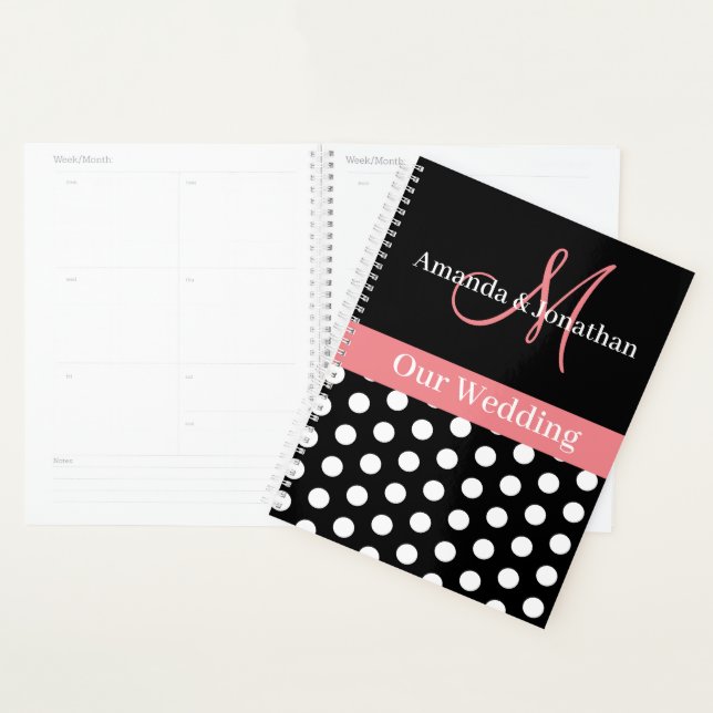 Black White Pink Monogram Script Polka Dot Wedding Planner (Display)
