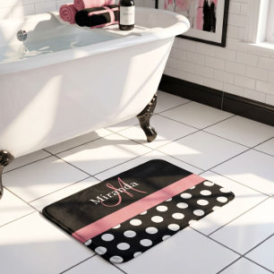 Black White Pink Monogram Script Polka Dots Bath M Mat