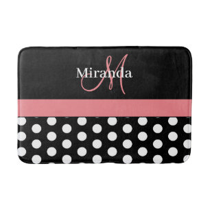 Black White Pink Monogram Script Polka Dots Bath M Mat