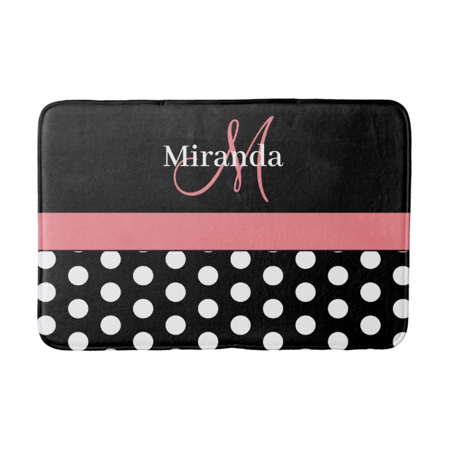 Black White Pink Monogram Script Polka Dots Bath M Mat (Front)