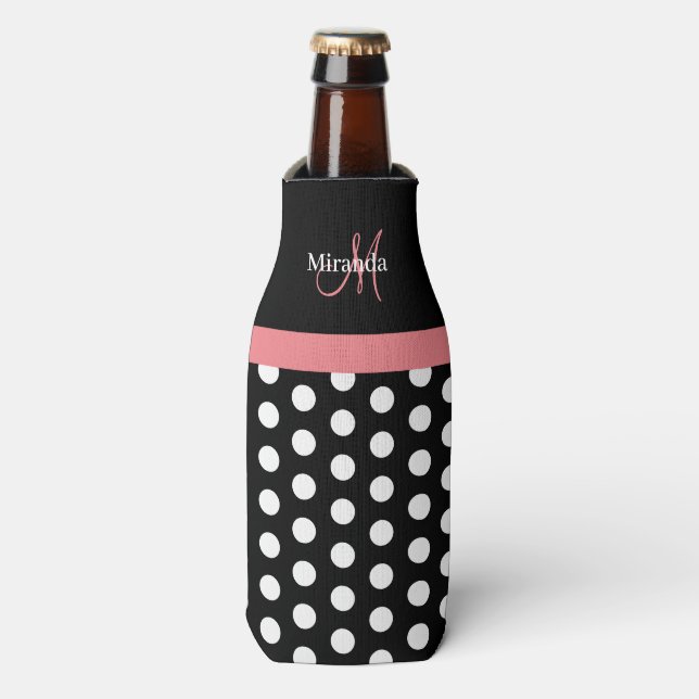 Black White Pink Monogram Script Polka Dots Bottle Cooler (Bottle Front)