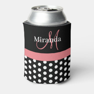 Black White Pink Monogram Script Polka Dots Can Cooler