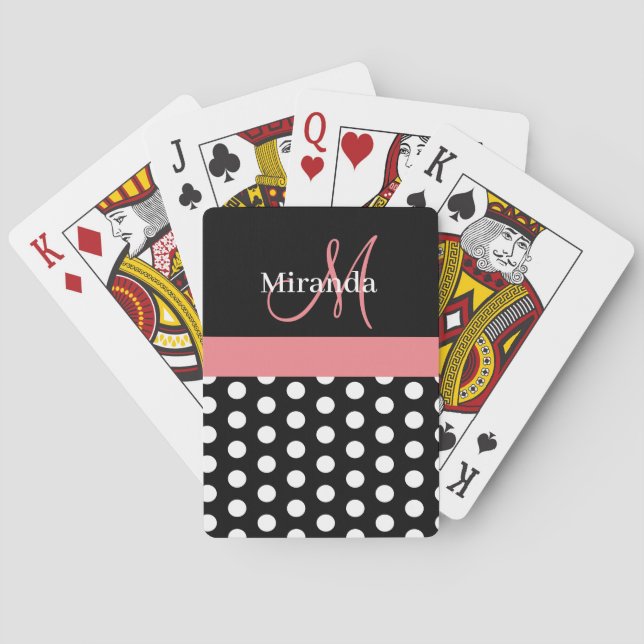Black White Pink Monogram Script Polka Dots Playing Cards (Back)