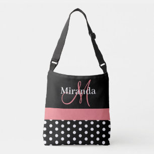 Black White Pink Monogram Script Polka Dots Tote B