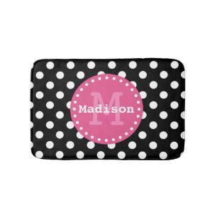 Black White Pink Polka Dots Monogram Bath Mat