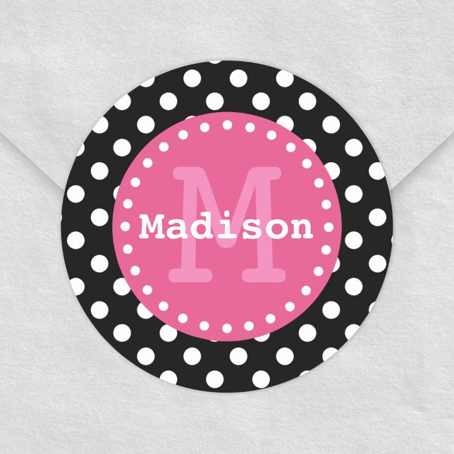 Black White Pink Polka Dots Monogram Classic Round Sticker (Creator Uploaded)
