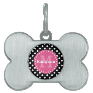 Black White Pink Polka Dots Monogram Pet Tag